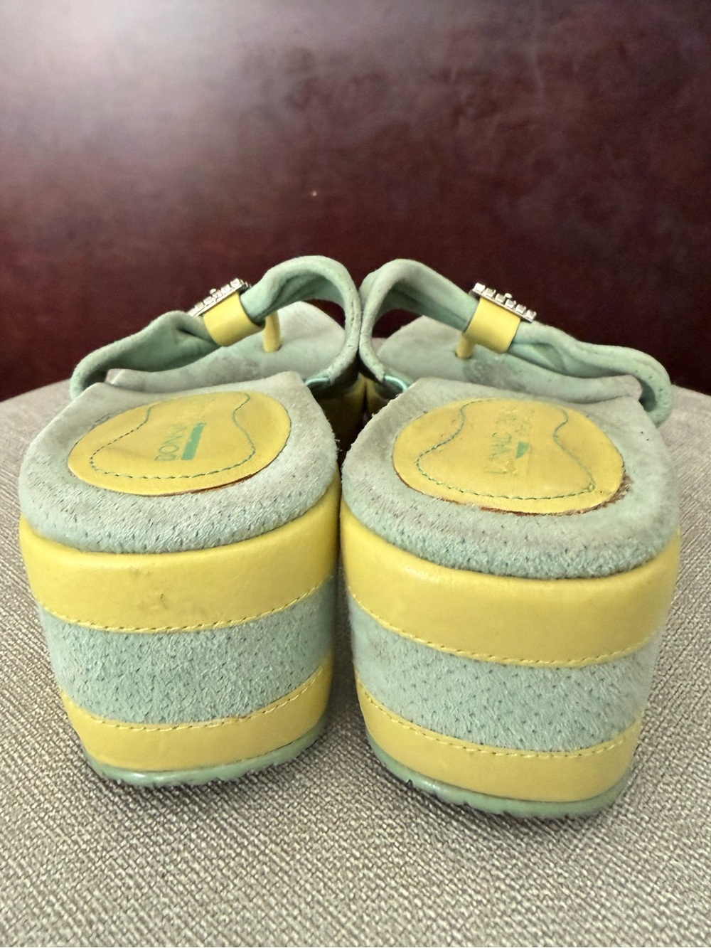 Donald J. Pliner Misty Green & Yellow Thong Wedge Sandals with Decorative Buckle - Picture 5 of 14